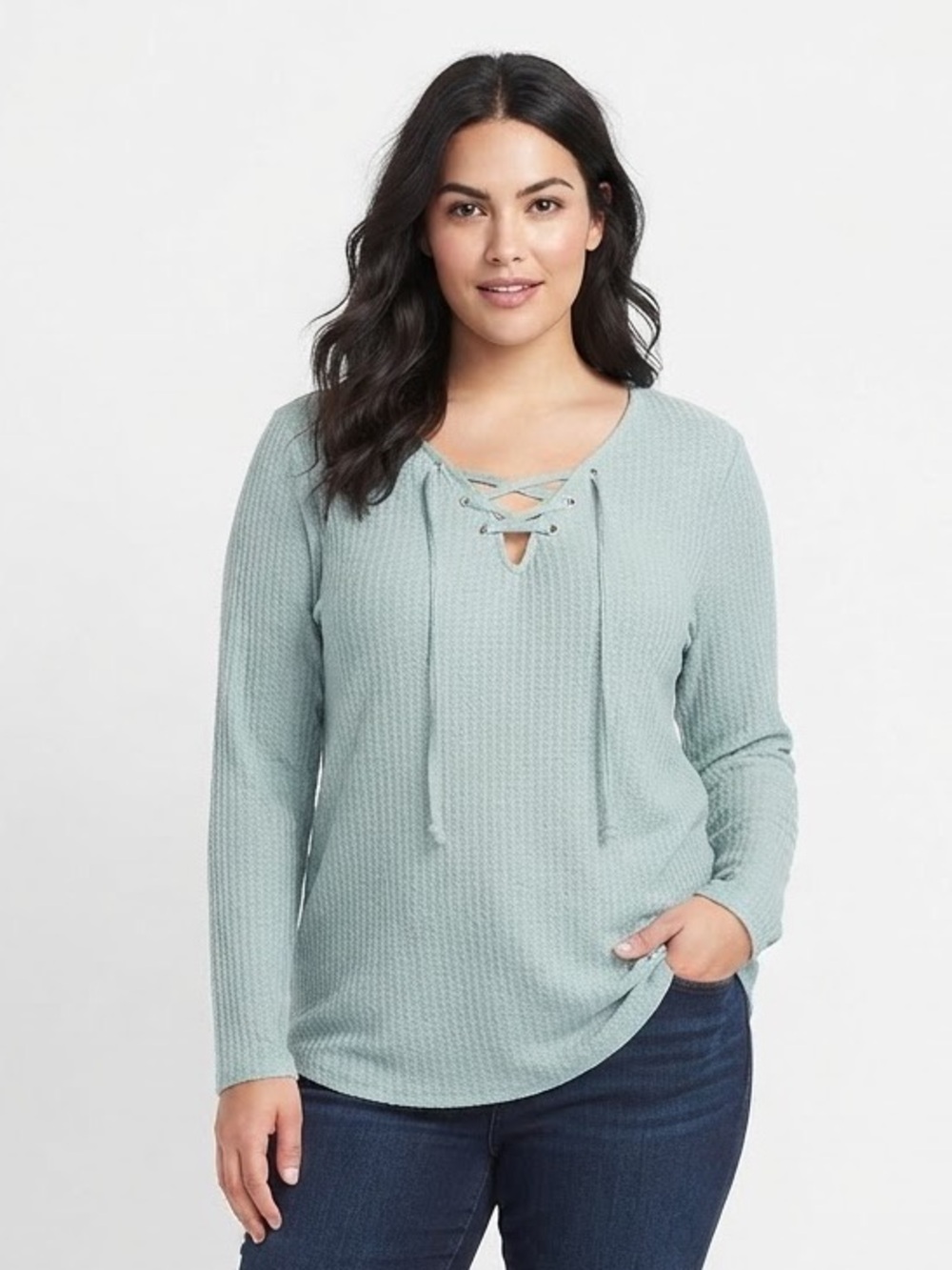 Lane Bryant Blue Waffle Knit Lace Up Long Sleeve Top Size 14/16